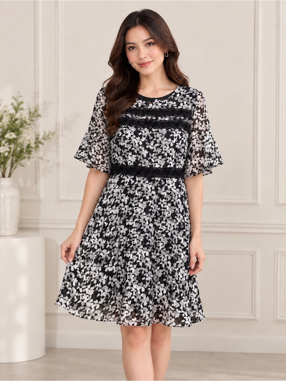 CeCe Black White Floral Lace Trim Dress Size 10